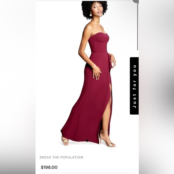 Dress the Population Large Kai Strapless Asymmetrical Gown Burgundy MSRP 198 - Picture 3 of 7